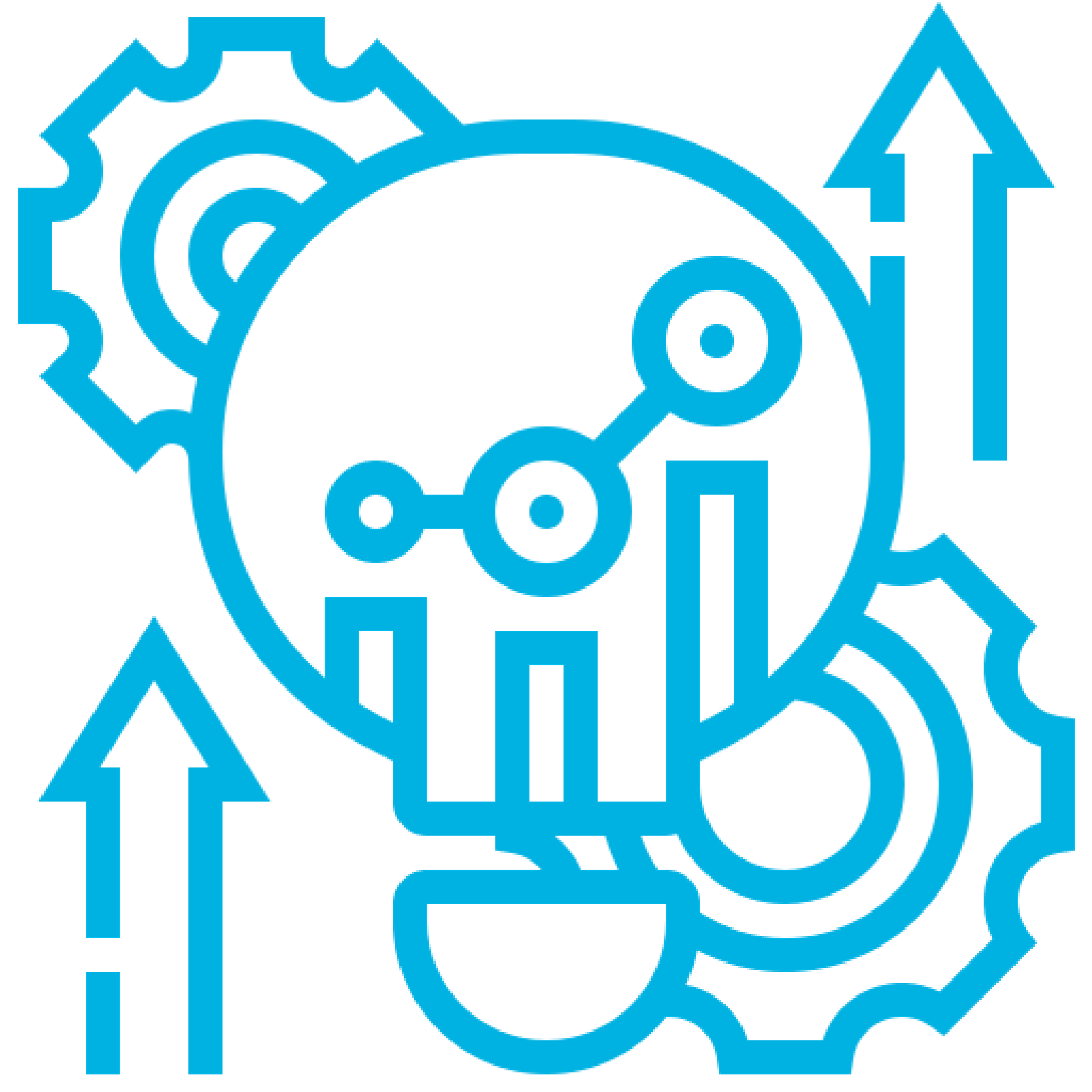 Icon showing development - cogs, arrows and chart