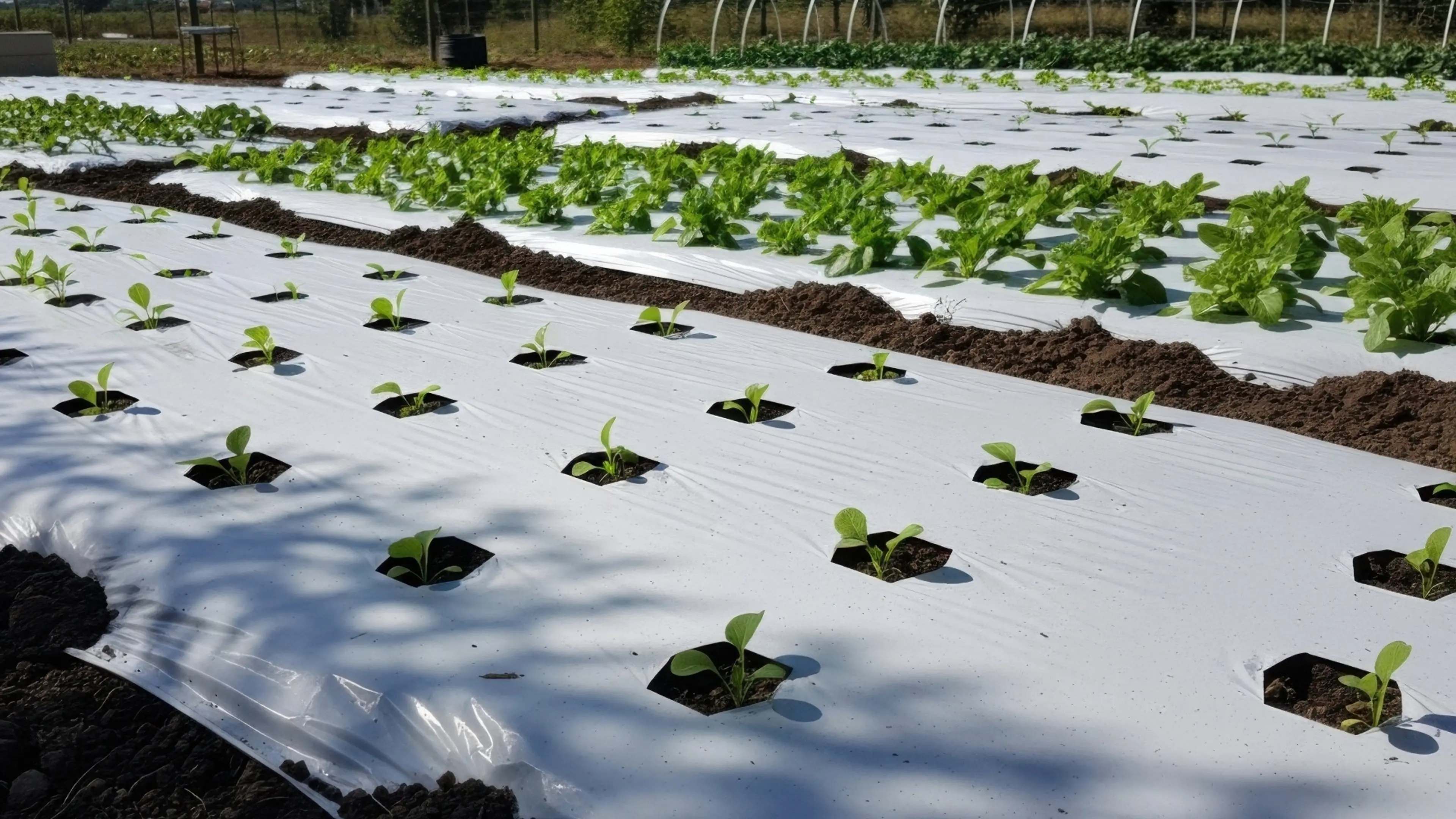 A series of flourishing plants in a field, covered with agri film to enhance their growth environment.