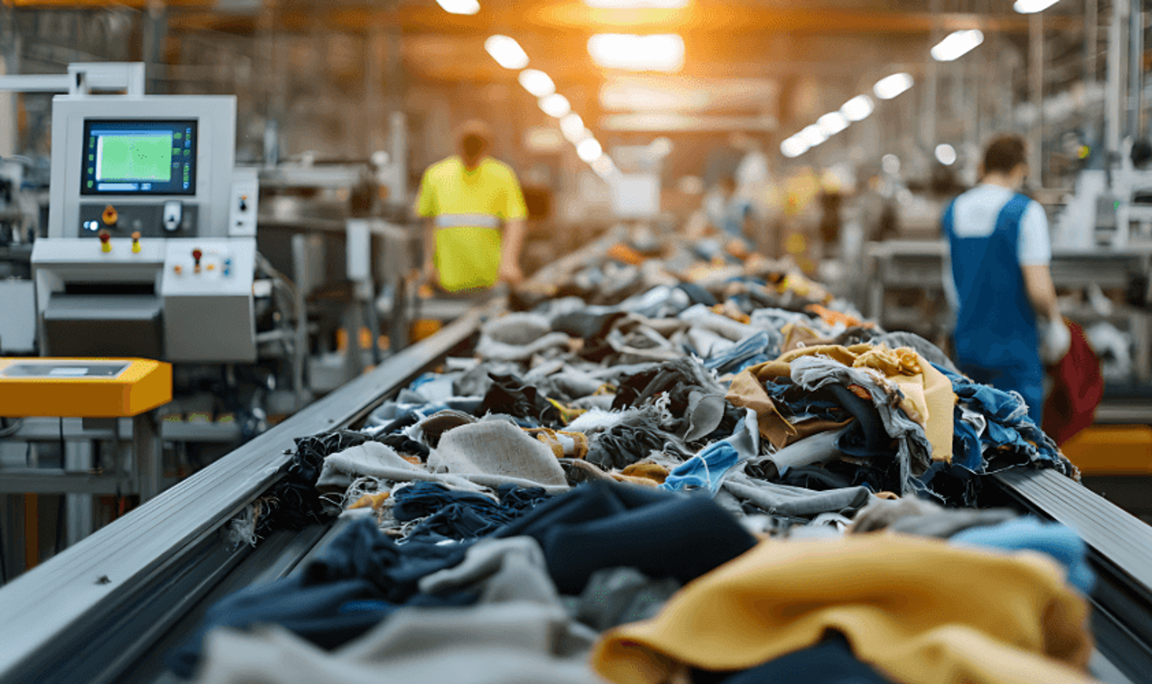 A bustling factory with workers actively processing items on a conveyor belt, highlighting textiles waste sorting